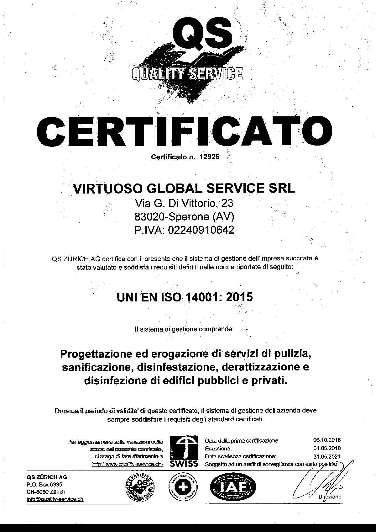 Certificato ISO 14001 2015